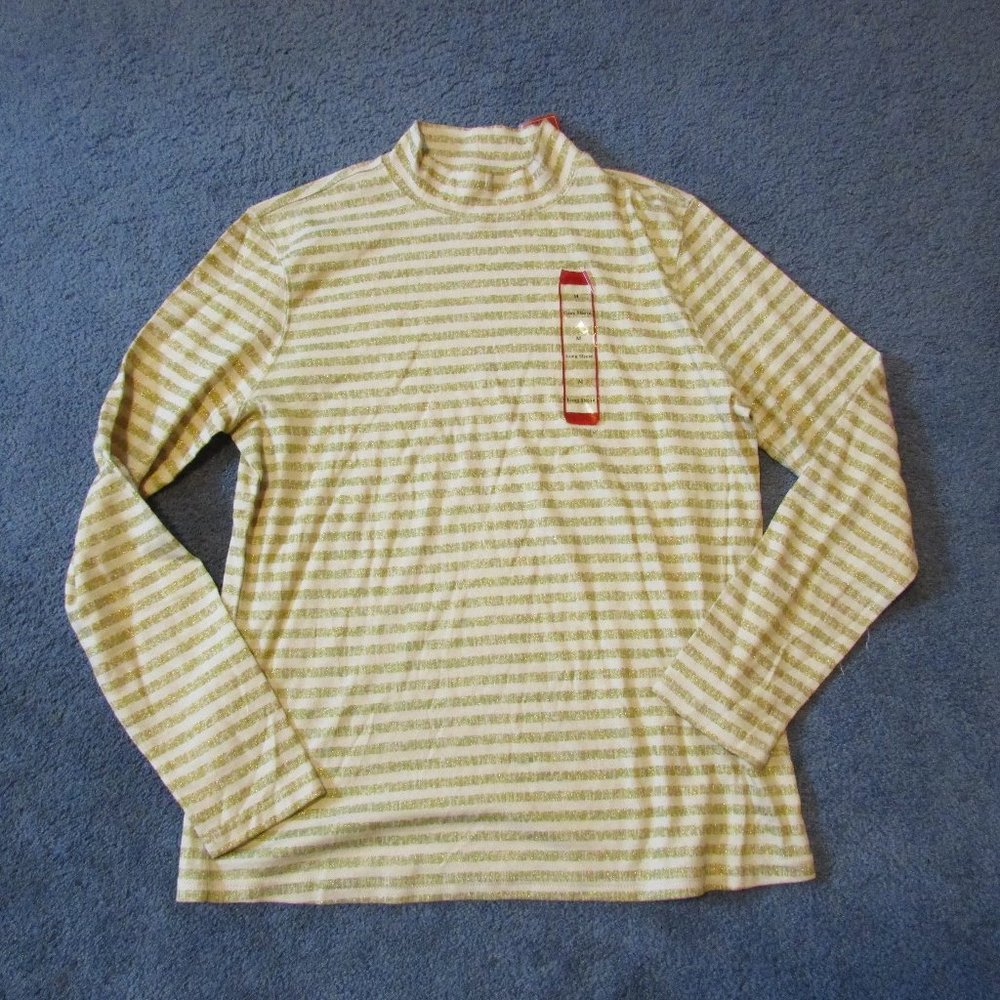 NWT Northcrest Medium Mock Turtleneck Top Gold Metallic Stripes Stretch Sparkle